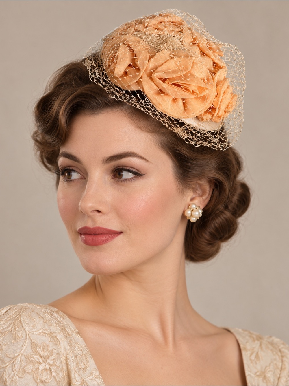 Vintage Peach Floral Veiled Half Hat Fascinator Union Made USA